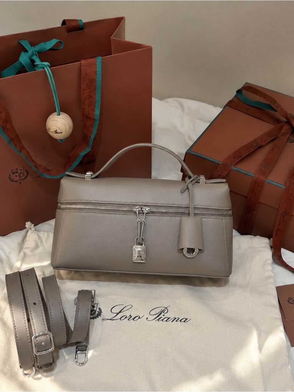 Loro Piana Taupe Leather Top-Handle Satchel with Silver Hardware